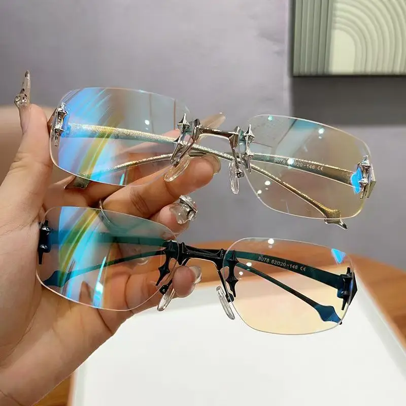 

Women Y2K Vintage Rimless Square Sunglasses Men Brand Designer Sun Glasses Punk Popular Rivet Star Shades UV400 Eyeglasses