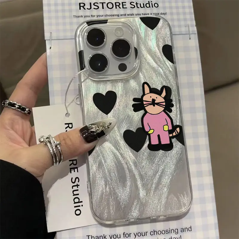 

Чехол для телефона с мультяшным котенком и черным сердечком для iPhone 16, 15, 14, 13, 12, 11 Pro Max XR XS MAX 7, 8 PLUS, устойчивый к встряхиванию лазерный чехол