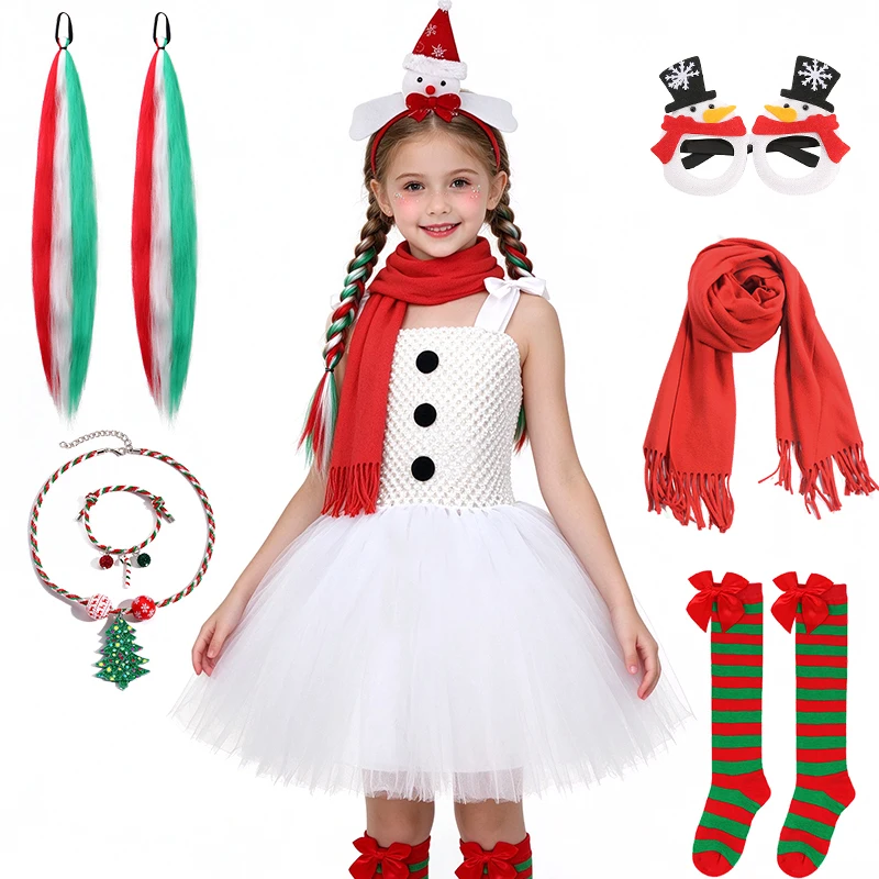 Hot Cartoon Design Kids Sleeveless Christmas Snowman White Fluffy Tulle Tutu Dress Xmas Party Birthday Performance Girls Outfits