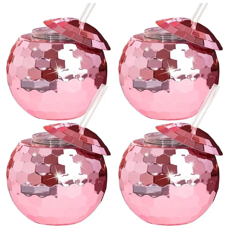 AEE4-4PCS Disco Ball Cups Unique Cocktail Glasses Bar Tools Party Glasses Flashlight Straw Wine Goblets Drink Cups