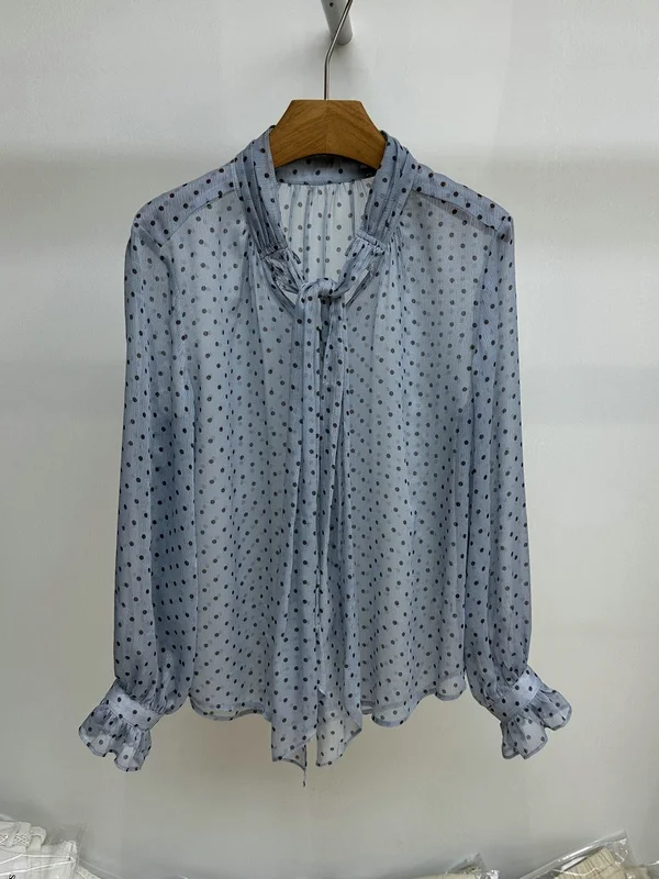 

Korean Style Lady Dot Chiffon Shirt Belted V-neck Cool Thin Long Sleeve Top Women Spring Summer 2026 Straight Cut Slimming