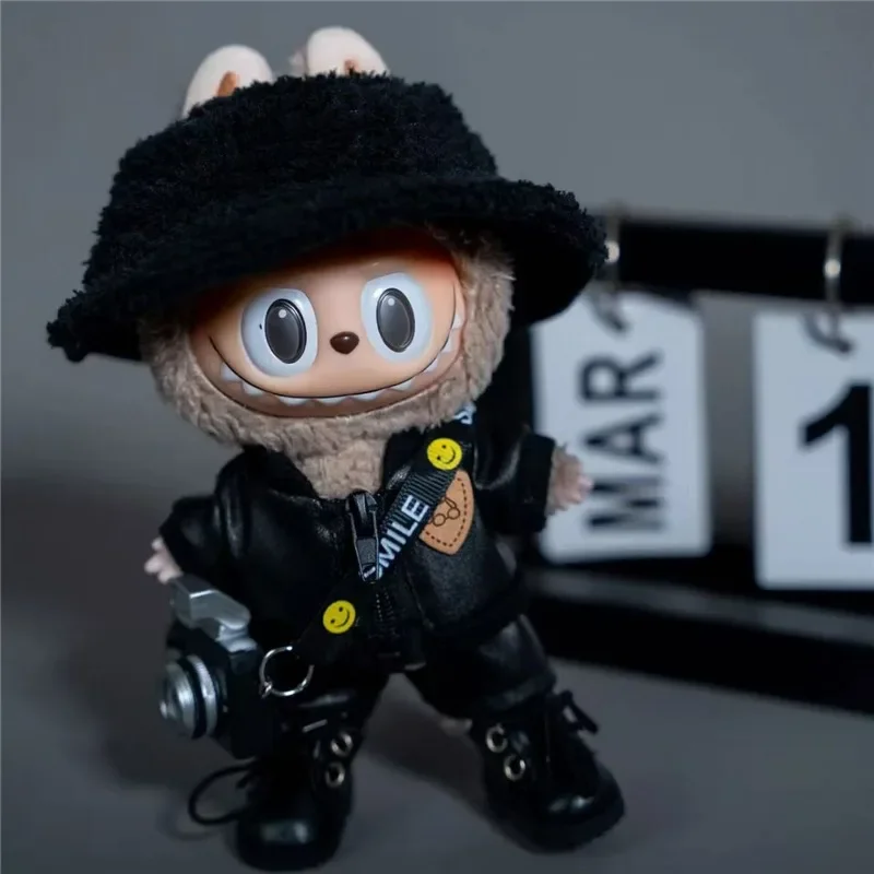15 17 cm Für Labubu Puppe Cool Boy Mann Leder Jacke Mantel Kleidung Schwarz Zipper Bär Hoodie Schuhe Headset Kleidung zubehör