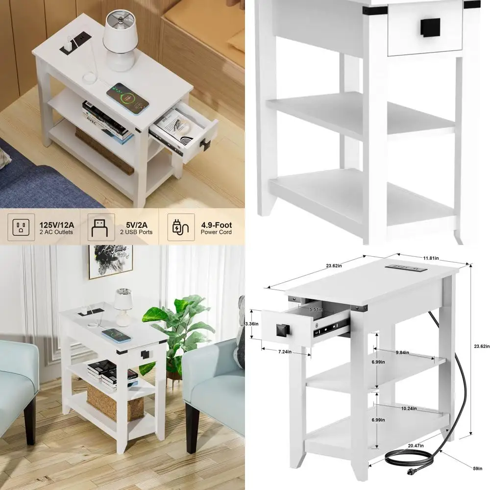 

Компактный зарядный столик с USB и розеткой, тумбочка для небольших помещений, белый