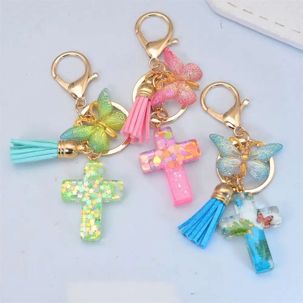 Sequin Filled Resin Cross Keychain Colorful Butterfly Tassel Pendant Keyring Purse Bag Backpack Ornament Christian Gifts