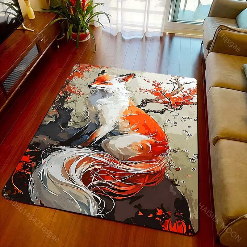 Multiple sizes Red fox long tail on rock maple Print Carpet for Living Room Bedroom Sofa Home Decor Non-slip Mat Luxury Gift