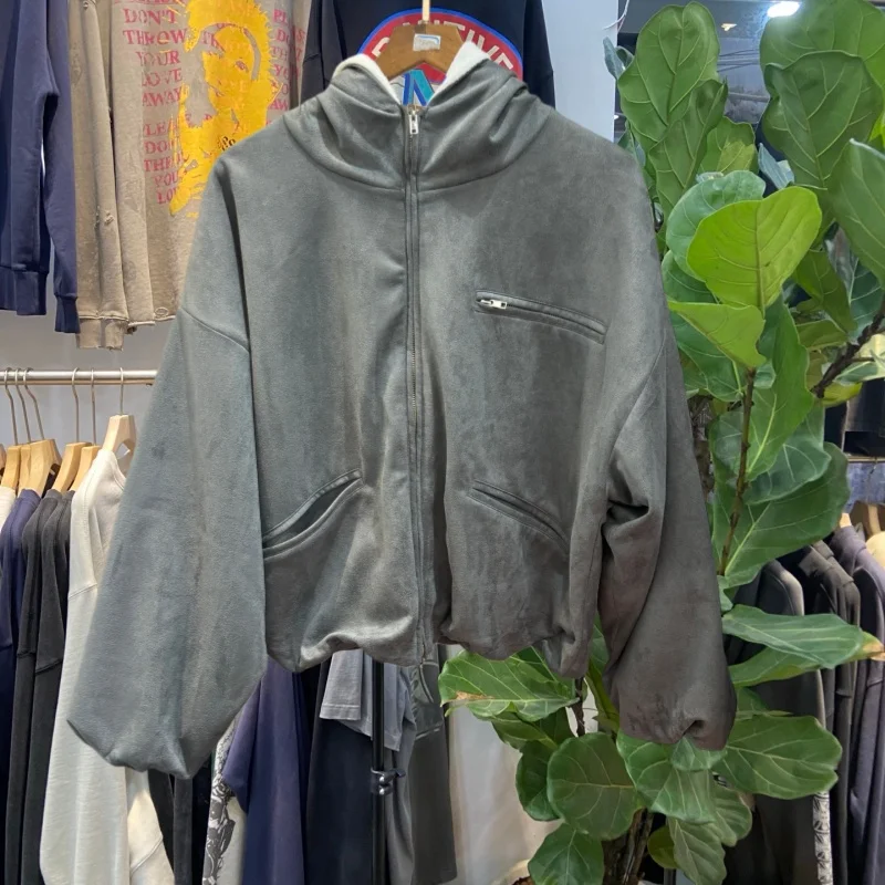 

Retro American Thiened Double Layer Hoodie Zipper Cardigan ort Outerwear for Men Casual Cotton Sweatirt with Hood