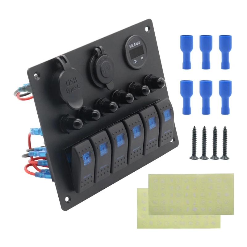 

Waterproof 6 Gang Switches Panel with LED & USB Charging Ports 6 Buttons Switches Suitable for Trucks, Boats