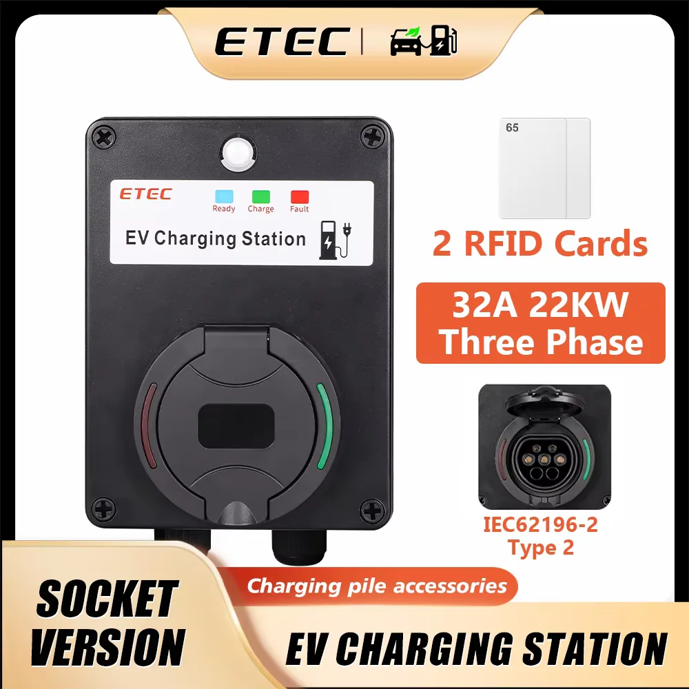 ETEC EVSE Wallbox EV Charger Wall Type2 32A 22kw/7kw Single/Three Phase Mount Charging Station Socket RCMU RFID EKEC4