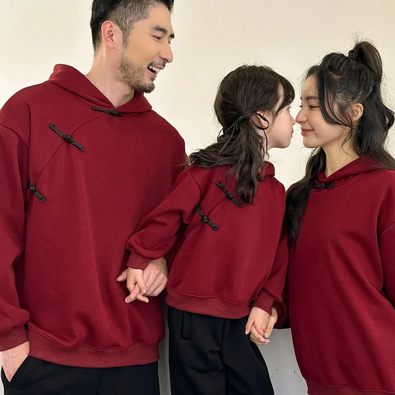 Family Warm Hoodies Winter Parent-child Thick Hooded Sweatshirts Chinese Red New Year Dad Mom and Daughter Son Matching Clothes