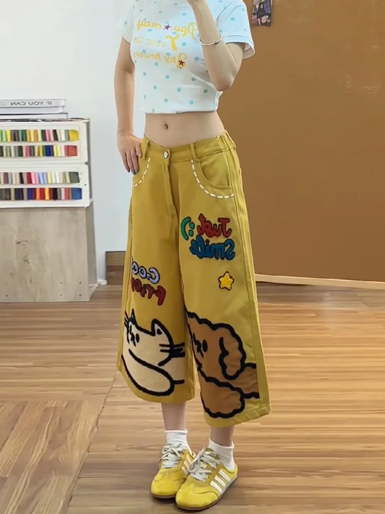 Spicy Girl Dopaamine Yellow Cartoon Embroidery Seven-Foot Denim Jeans Women Summer Design Loose Straight Leg Wide Leg Mid-Pants - view 2