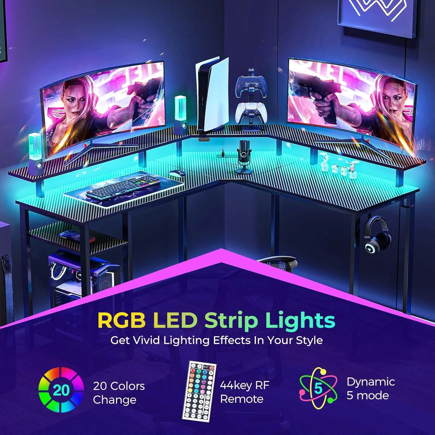 L Shaped Gaming Desk with LED Lights & Power Outlets, 46.2" Computer Desk with Full Monitor Stand & Storage Shelf