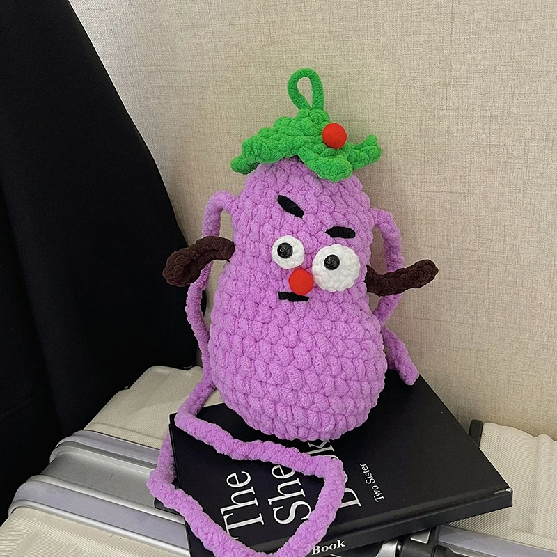

Purple Bag For Lady Cute Cartoon Shoulder Crossbody Bag Fashion Knitted Handbag Young Girl Eggplant Crochet Mobile Phone Bag