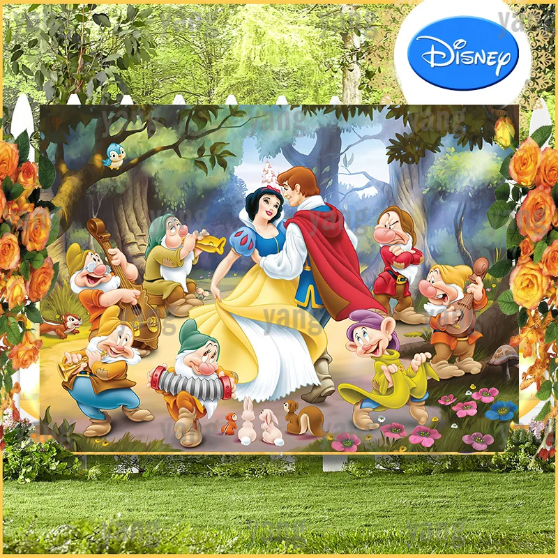 

Cute Snow White Princess Seven Dwarfs Disney Forest Backdrop Support Customize Party Background Cloth Baby Shower Kids Birthday