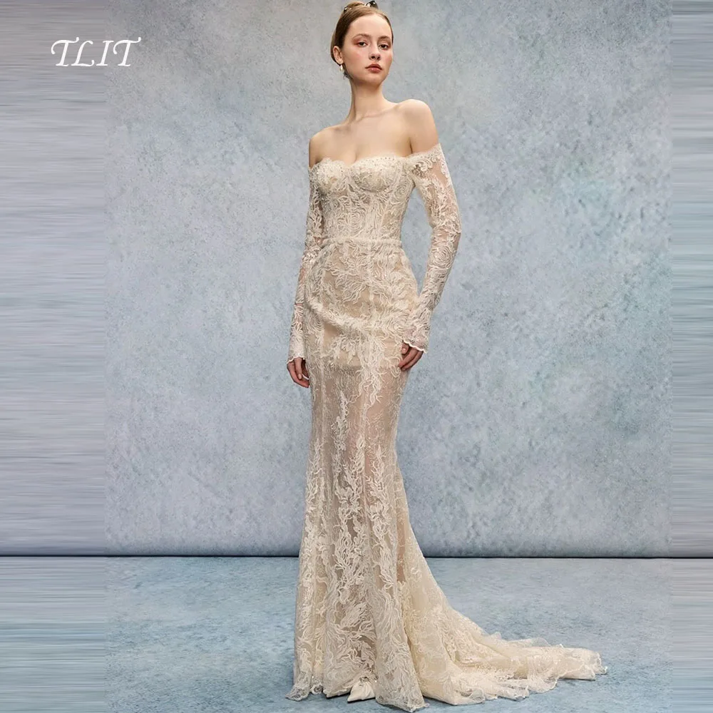 TLIT Luxurious Lace Mermaid Wedding Dresses Customized Strapless  فساتين زفاف Off Shoulder Lace Cuff Bridal Gowns