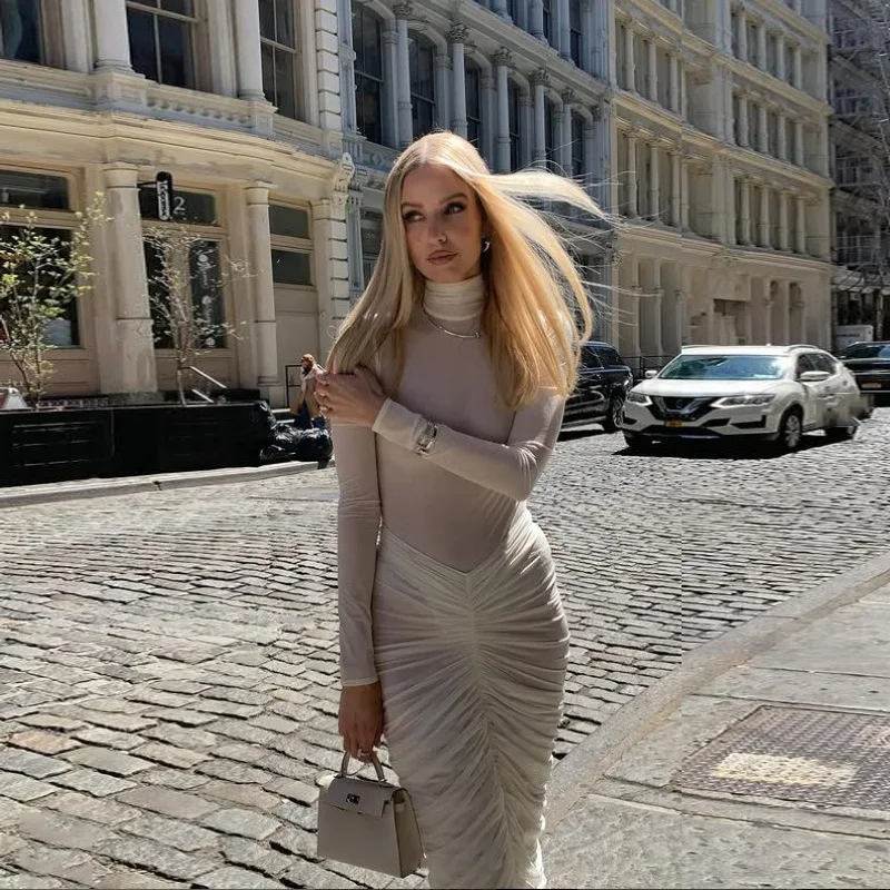 

Однотонное сетчатое платье с длинными рукавами и рюшами, женское праздничное платье с высоким воротом, фатиновое платье-русалка миди для выпускного вечера, облегающее вечернее платье миди, клубная одежда