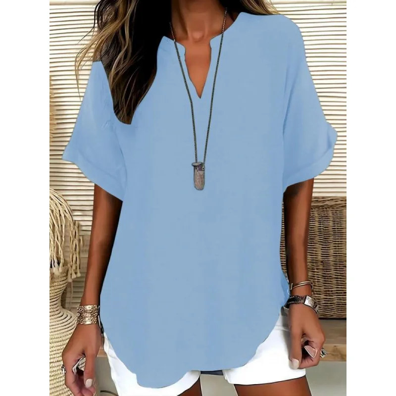 Casual damesshirt met losse pasvorm en V-hals - Ademende zomerblouse in effen kleuren, trendy oversized top voor Europese en Amerikaanse S