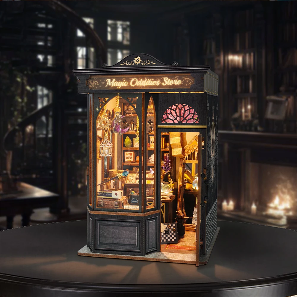 Pawsera Magic Oddities Store Bookshelf Retro DIY Wooden Book Nook Figurines Miniature Kits Home Bookend Decoration Adult Gifts