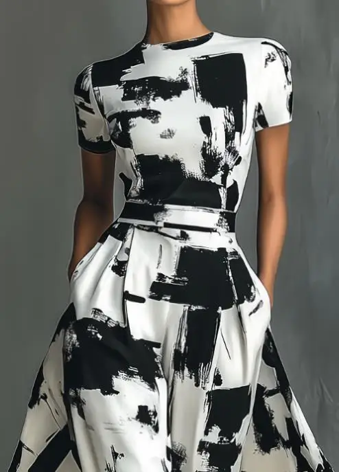 

Modern Art Style High Waist Long Skirt Black White Abstract Print Short Sleeve Temperamen Women's Fashion