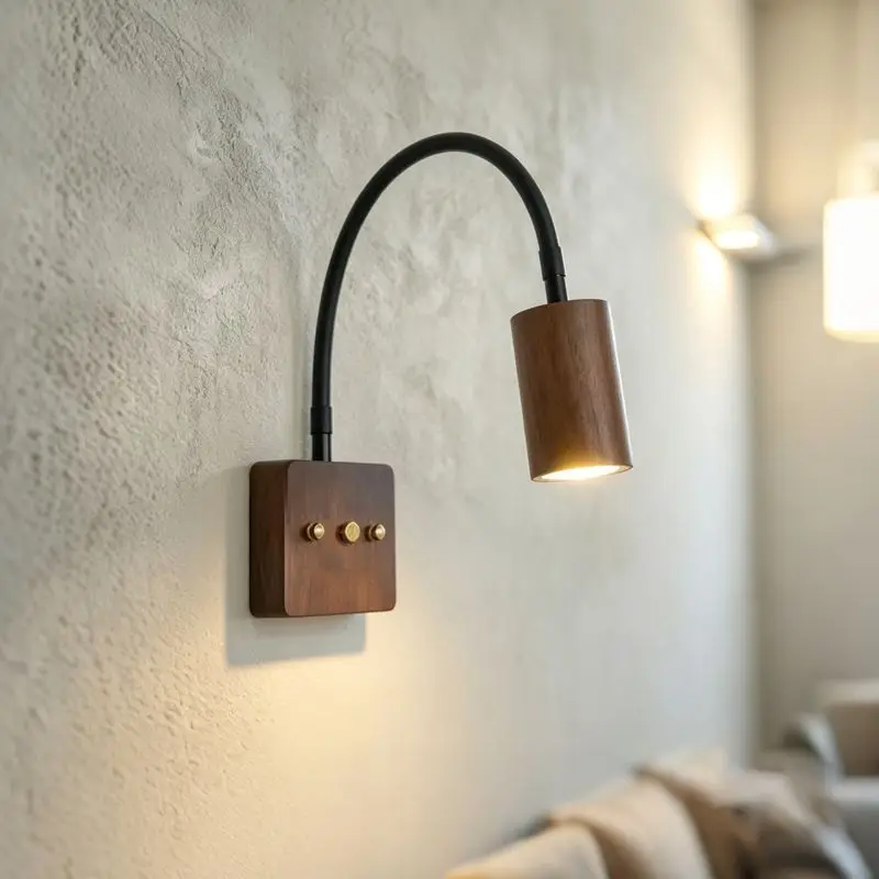 Vintage Retro Walnut Wood Color Wall Lights 360 degree Rotatable Lamp Arm Japanese Bedroom Bedside Reading Wall Lamp with Switch