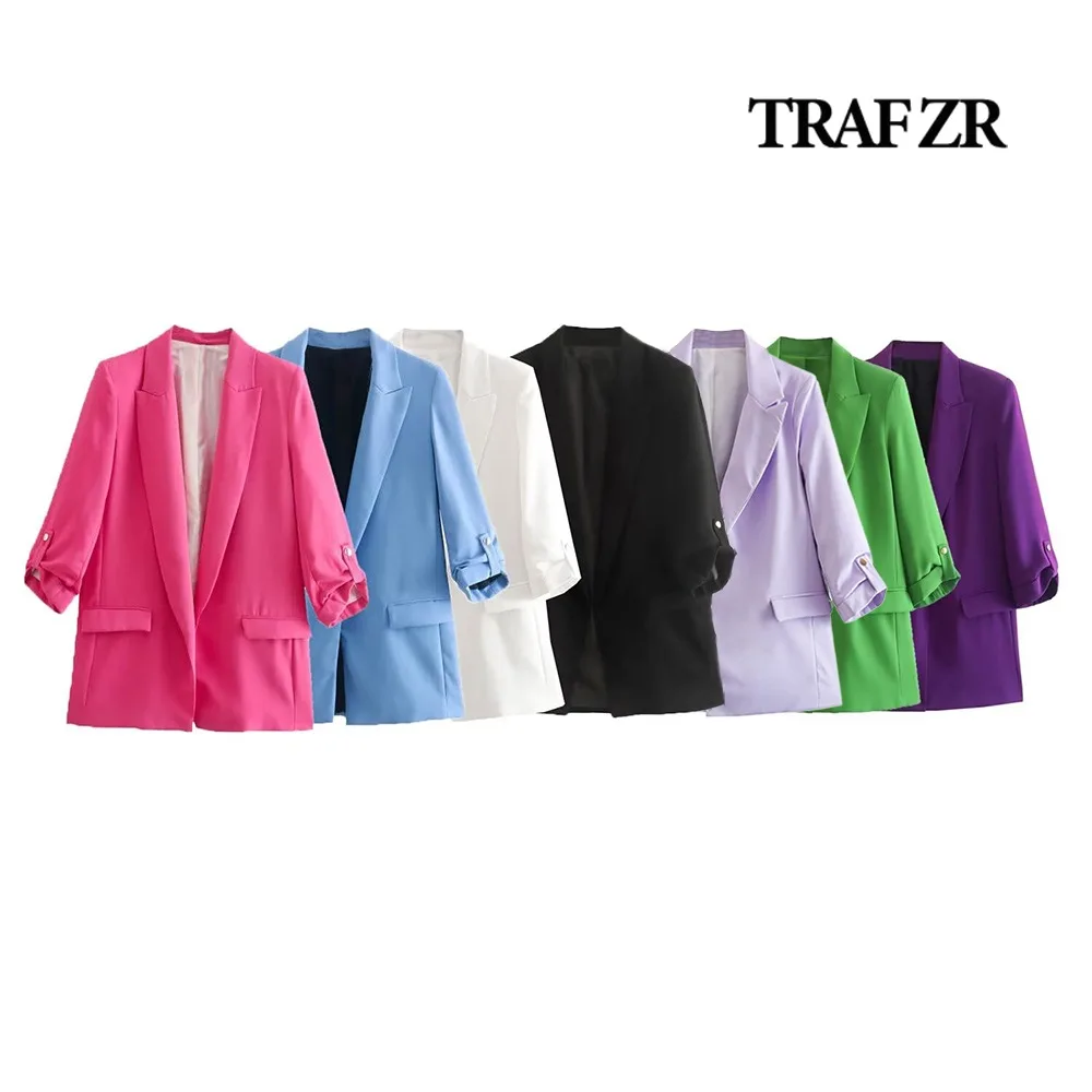 TRAF ZR Casual Coats Cut Sleeve Turned Up Cuff Classic Lapel Collar Outerwears Decorated Flag Pockets Over Coat Comfy Blazer