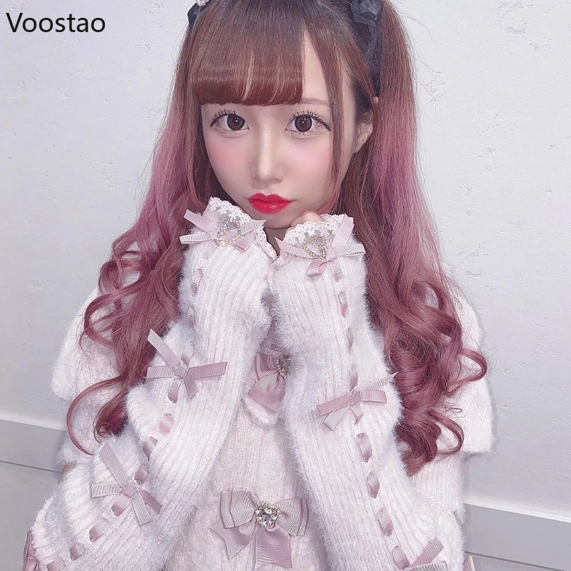 Lolita Gebreide Pullover Schattige Sweet Strik Pluche Overmouw Gebreide Tops Meisjes Lente Herfst Kawaii Roze Afneembare Mouw Trui