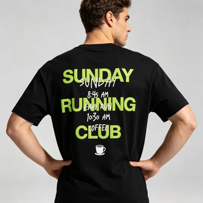 “SUNDAY RUNNING CLUB” Graphic T-Shirt Men’s Green White Letter Print Soft Modal Crewneck Tee Casual Top