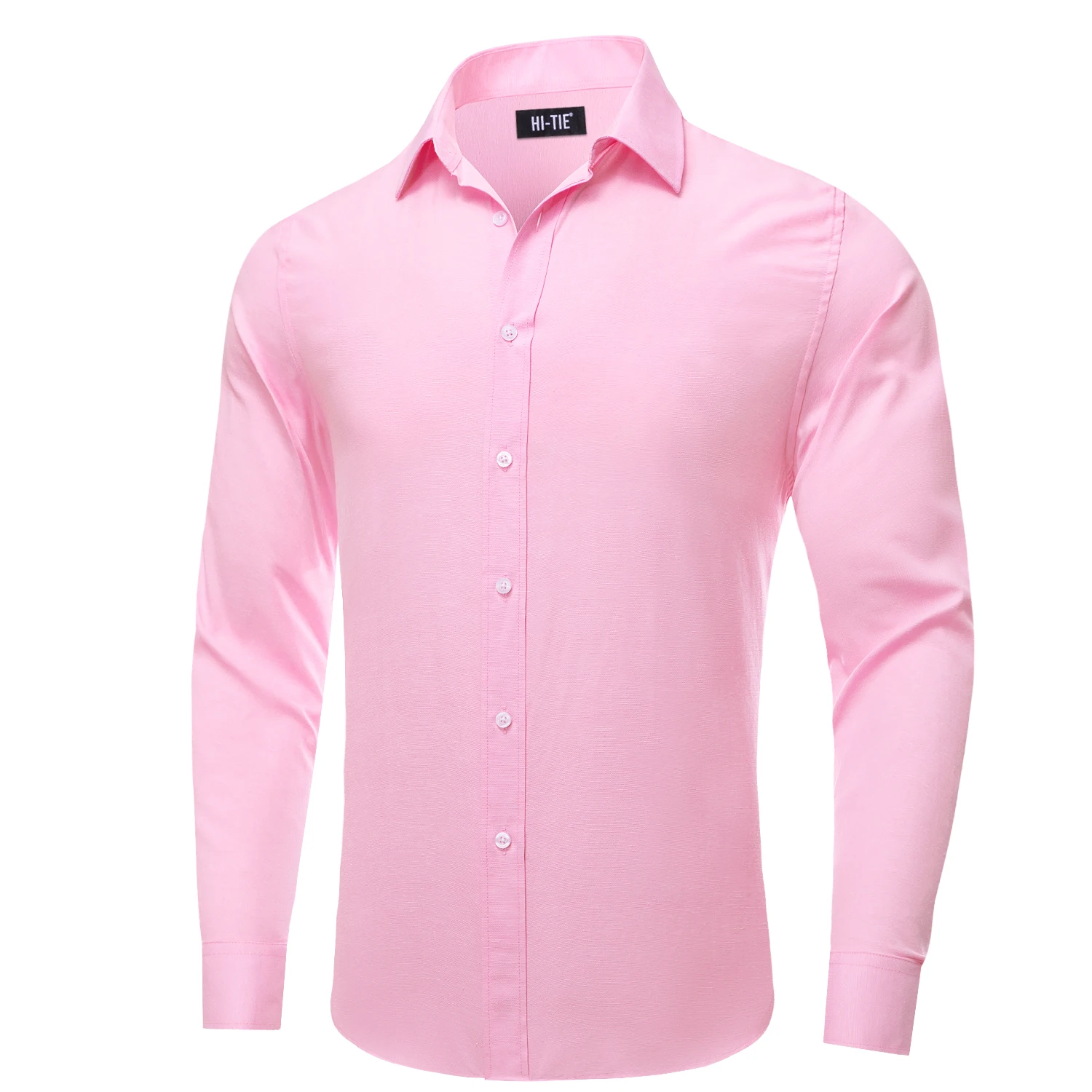 Hi-Tie Wedding Pink Men\'s Silk Shirts Classic Lapel Collar Solid Long Sleeve Dress Shirt Soft Blouse Male Wedding Business Gifts