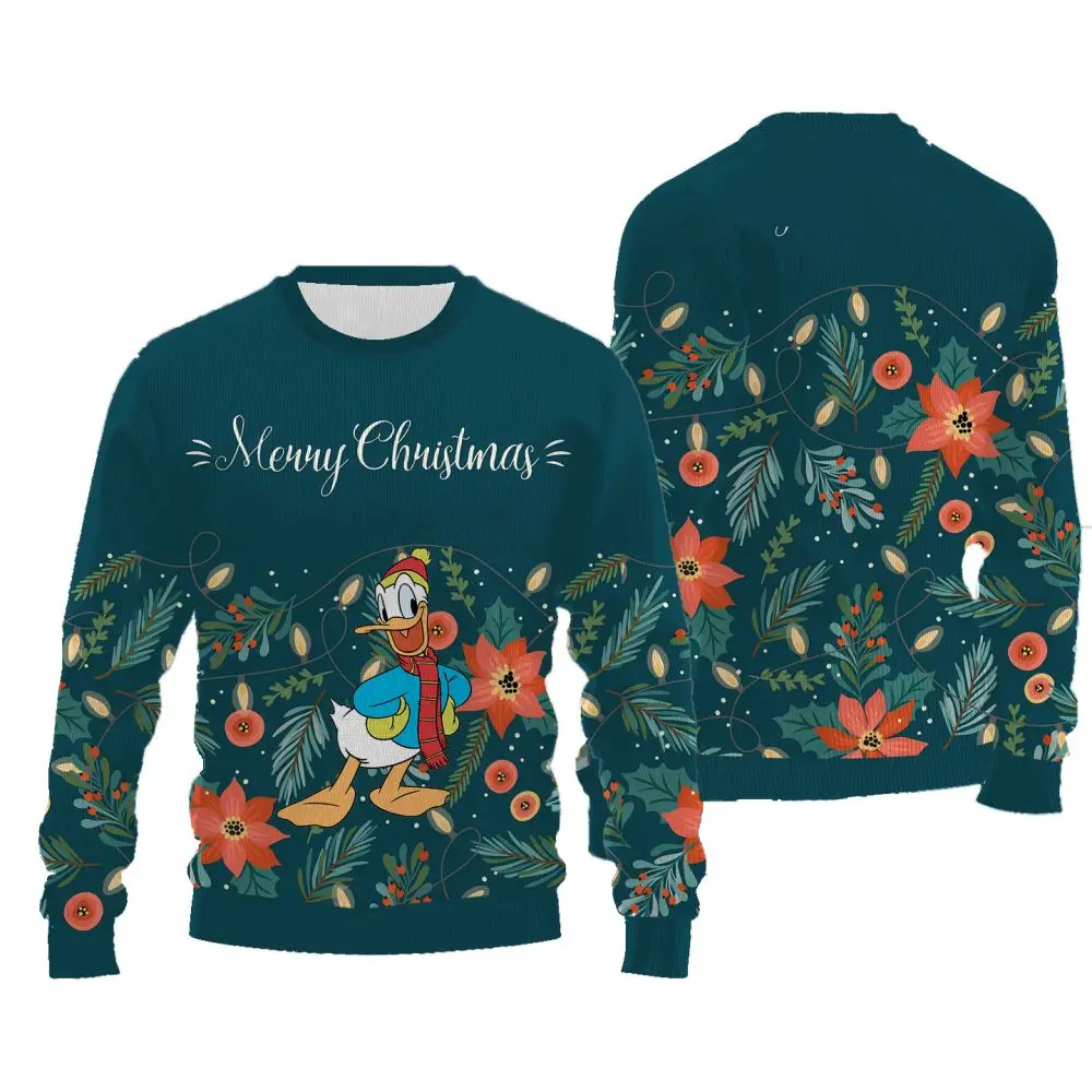 2024. Nowy styl Disney Donald Duck Pattern Pullover Harajuku Okrągły dekolt Casualowy damski gruby sweter z długim rękawem na Boże Narodzenie