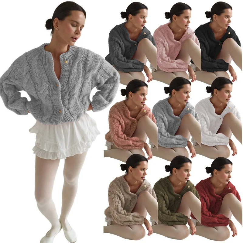 Twist Long-sleeved Sweater Cardigan Women's Spring And Autumn Solid Color Loose Coat Women