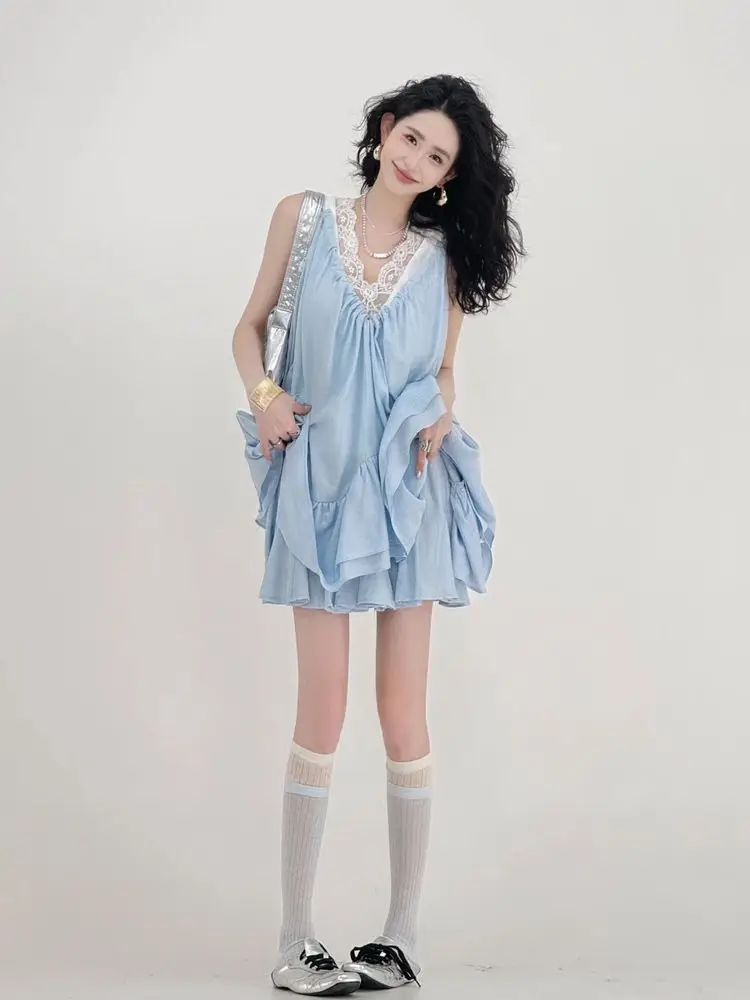 

Two Piece Sets Womens Outifits Summer New High-end Designed Elegant Style Chic Niche Irregular Ruffled V-neck Suspender + Skirt