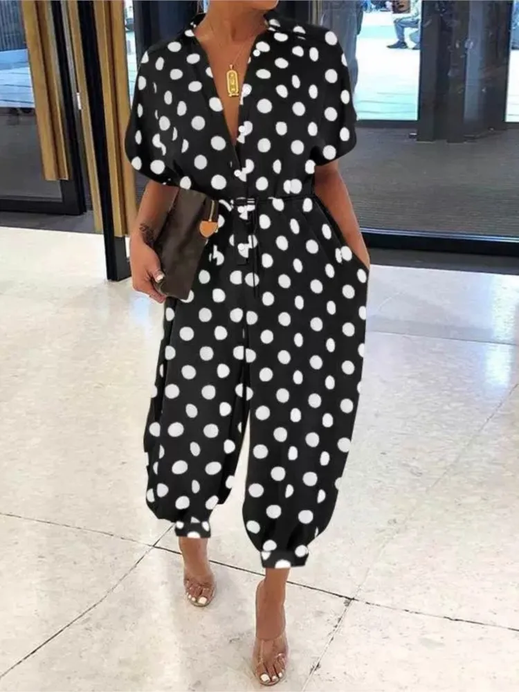 Zomer Nieuwe Dot Luipaardprint Jumpsuit Vrouwen Korte Mouw Leace-up Pocket Casual Jumpsuits Mode Vintage Dames Body
