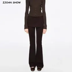 American Retro Flase 2 pieces Flare Pants Woman Low Waist Zipper Slit Stretch Slim Skinny Trousers Legging Bottom 3 colors