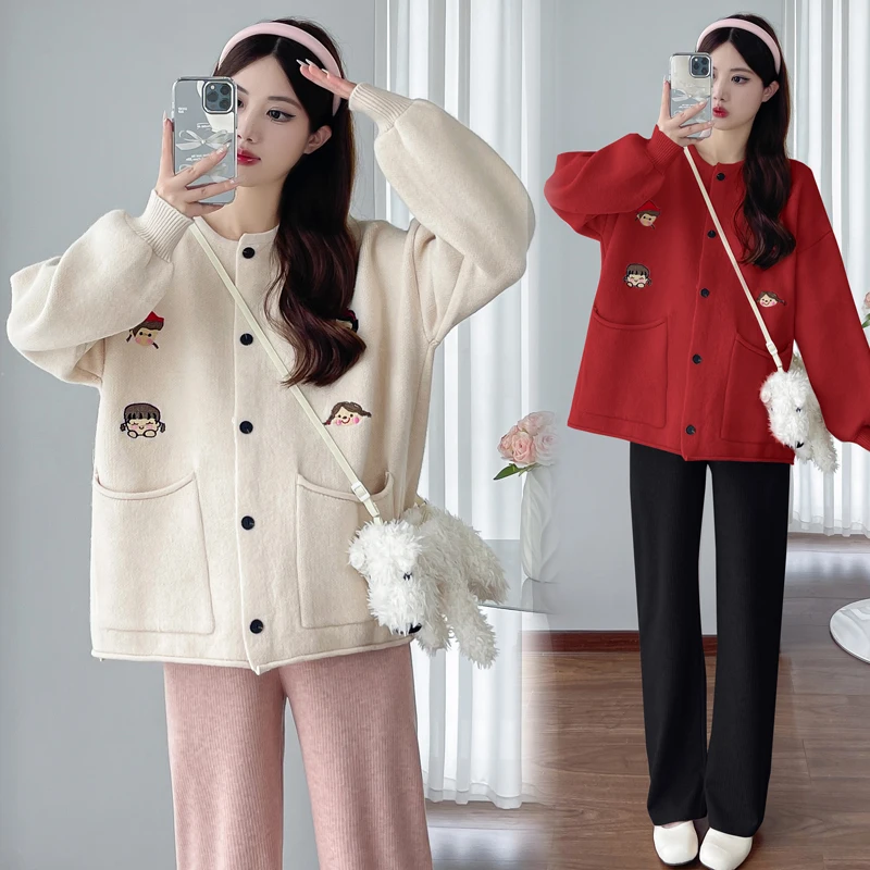 プラスサイズマタニティニットウェアセット秋冬厚手ルーズ長袖オープンカーディガン綿インナー妊婦用