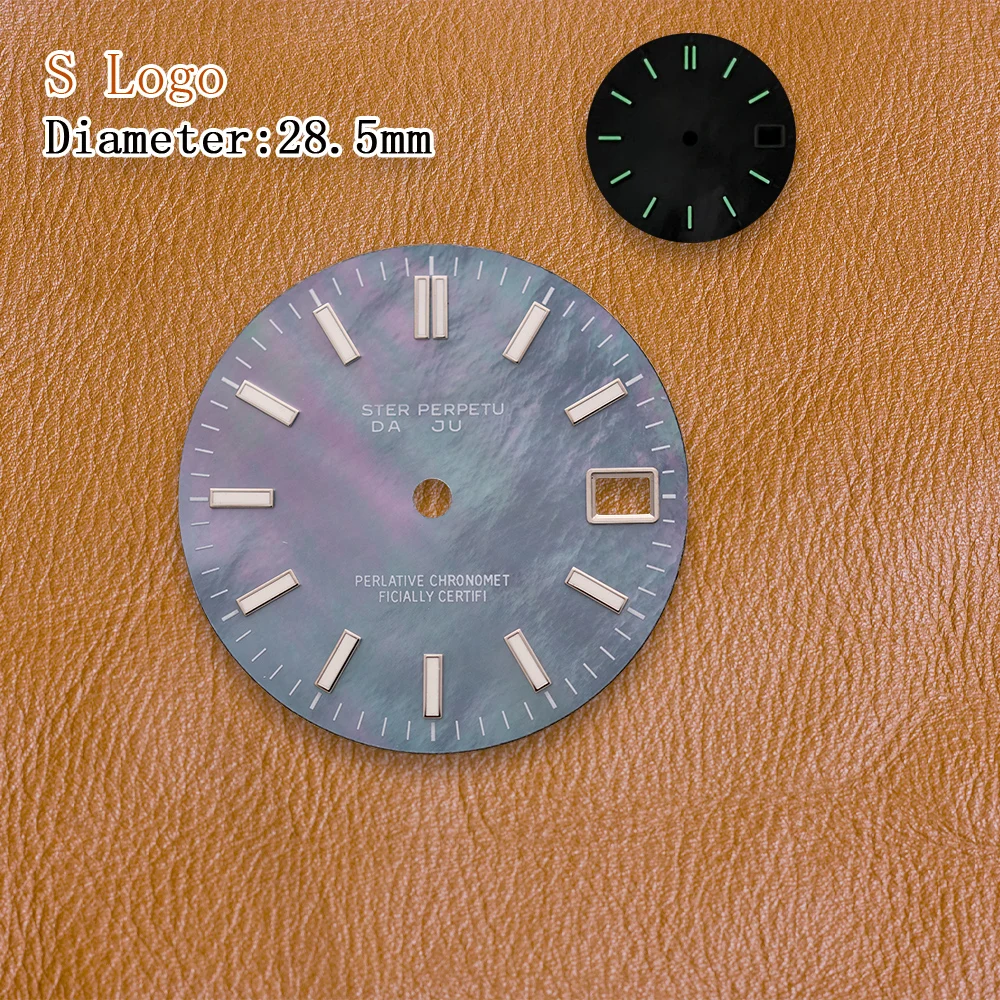 28.5mm S Logo NH35 Diamond dial Colour Mother pearl Dial Fit NH36 Movement Green Luminous Watch Modification Accessories view 3