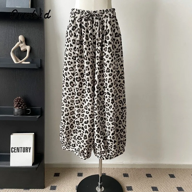

Vintage Casual Leopard Print High Waist Wide Leg Pants American Retro Women's Loose Fit Soft Lace-up Full Length Trousers