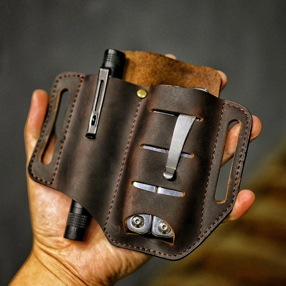 PJ8 Crazy Horse lederen dubbele schede meshoes Multifunctionele zaklamp tactische pennenhoes