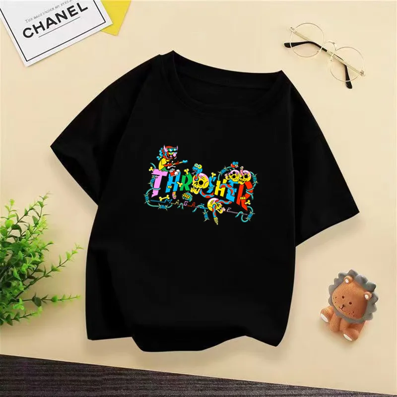 Kids Colorful Skull Thrasher Print T-shirt, Casual Short Sleeve Cool Graphic Tee for Boys Girls WX059