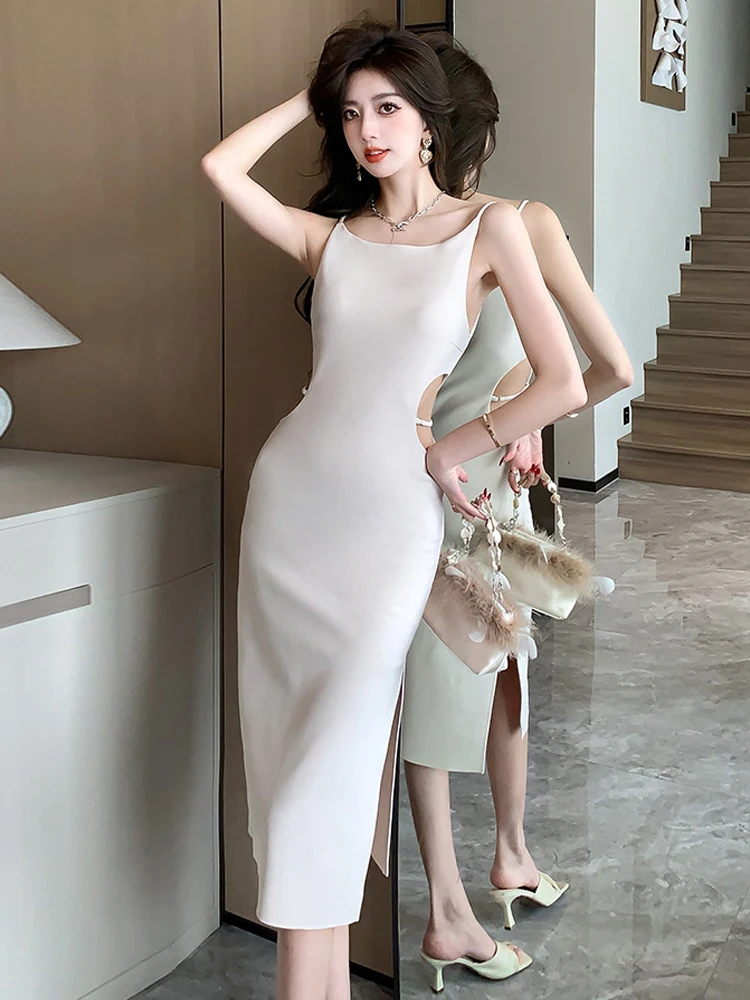 

New Summer Fashion Elegant Hollow Waist Vacation Evening Dress Women Clothes Sexy Strap Slim Slit Party Club Prom Vestido Fiesta