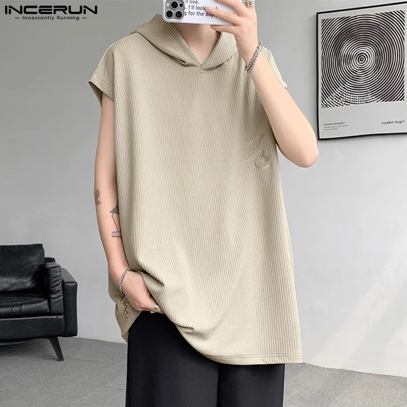 INCERUN Tops 2024 New Men's Striped Hooded Printed Design Tank Tops Male Casual Streetwear Stylish Personality Loose Vants S-5XL