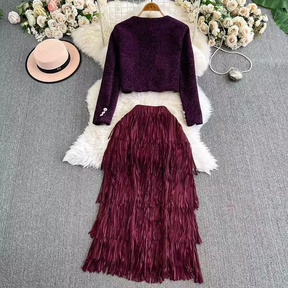 High Quality Women Winter Autumn 2 Piece Set Tweed Short Jacket Coat Fashion Vitnage+Tassel Elastic Waist Skirts Sets