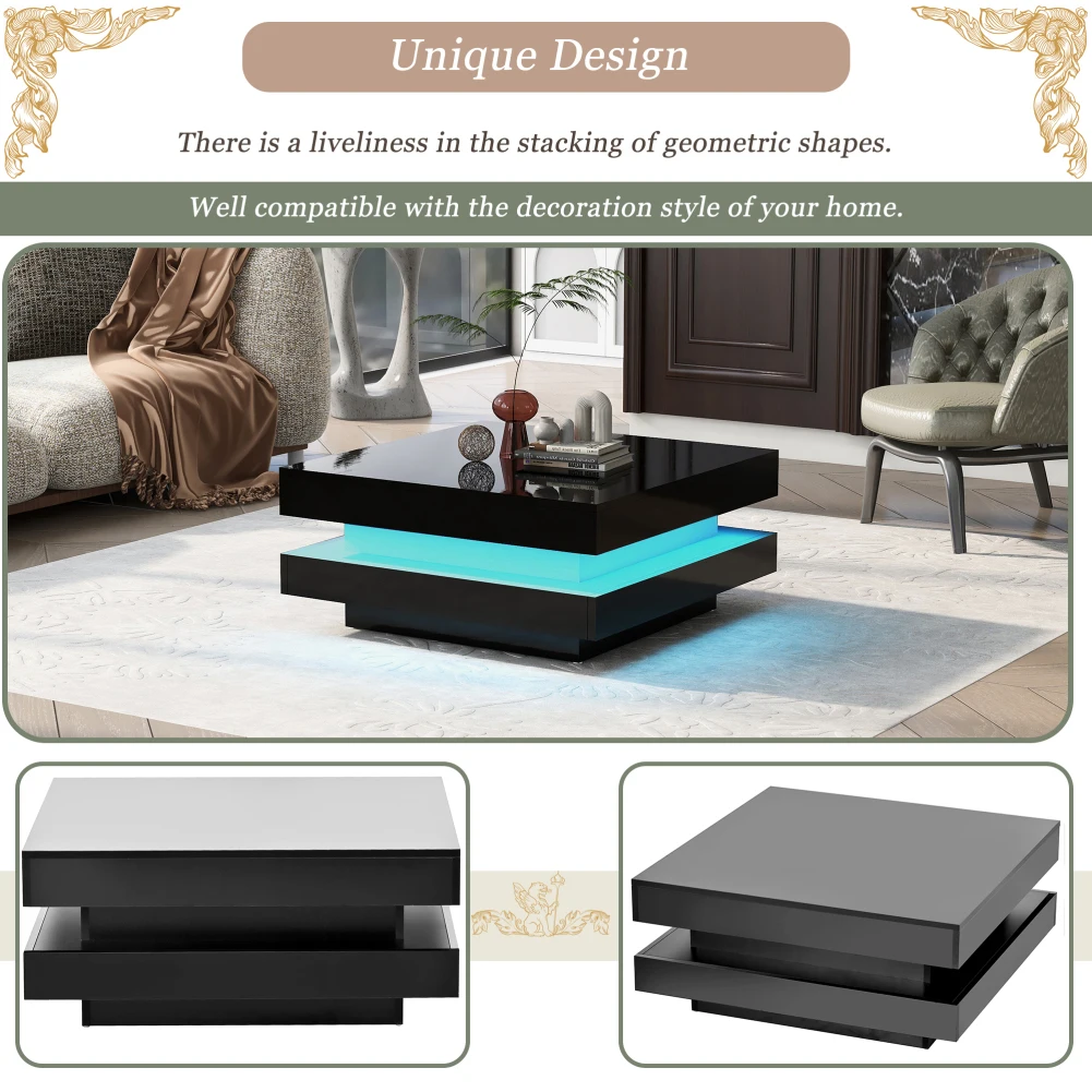 2-Tier LED Modern Coffee Table With Plug-in 16-color LED Lights High Gloss Multifunctional Cocktail Table Built-In Lighting