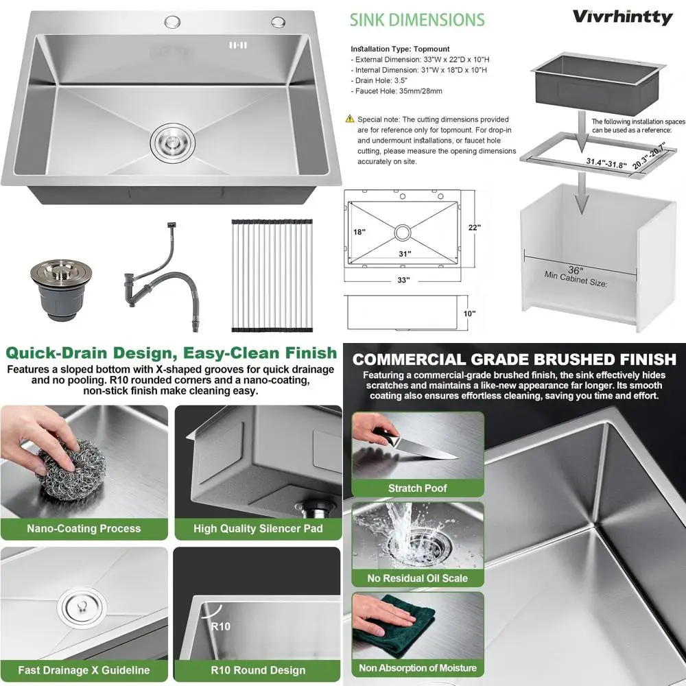 

Кухонная мойка из нержавеющей стали 16 калибра, 33x22 дюйма, с одной чашей и сливной трубой, серебристая