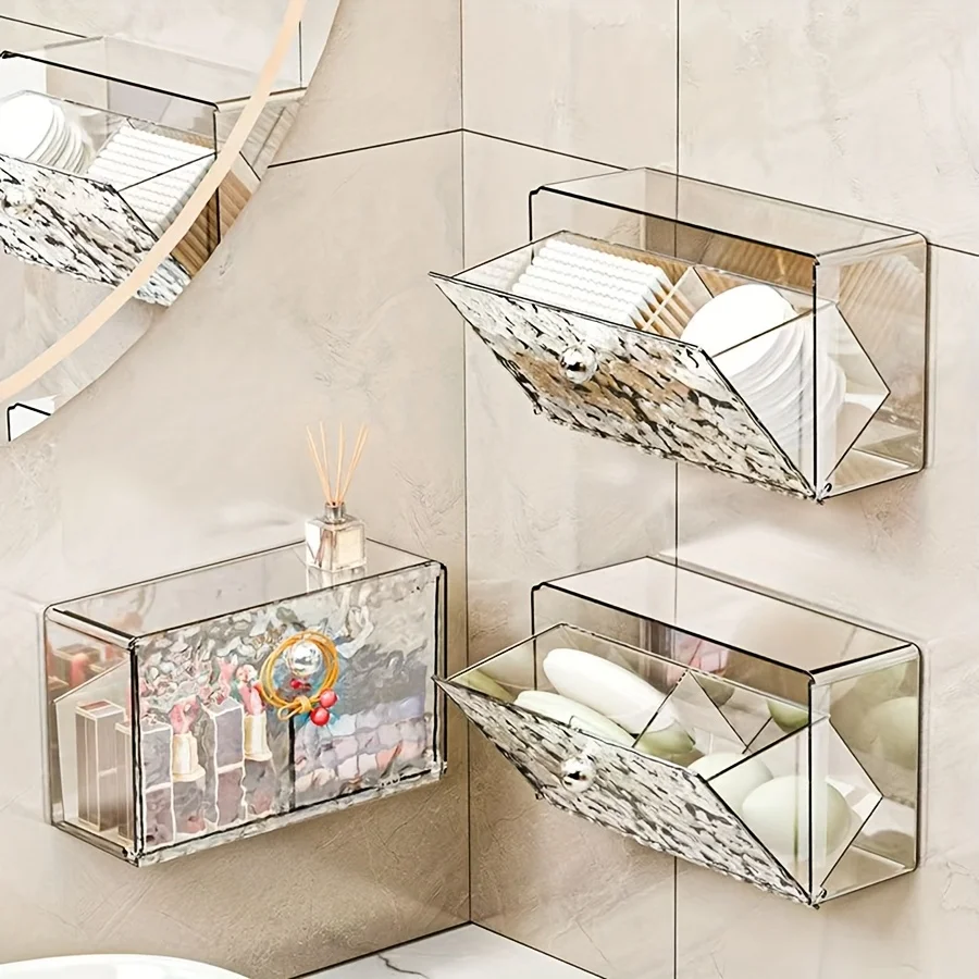 Boîte de rangement murale transparente pour salle de bain, organiseur de maquillage, rangement en acrylique transparent, pour cotons-tiges, boules de coton, accessoires capillaires