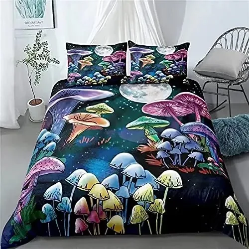 

Red Mushroom Kawaii Comforter Set Twin Size Kids Bedding Set Botanical Plant Theme Print Quilt Bed Set for Boys Girls Adults