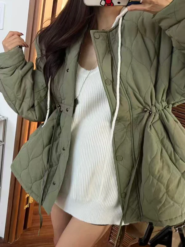 

Chic Slimming Cotton Jaet Women's Dstring Waist Coat with Warm Quilted Cells Early Winter New Sle Chinese Brand