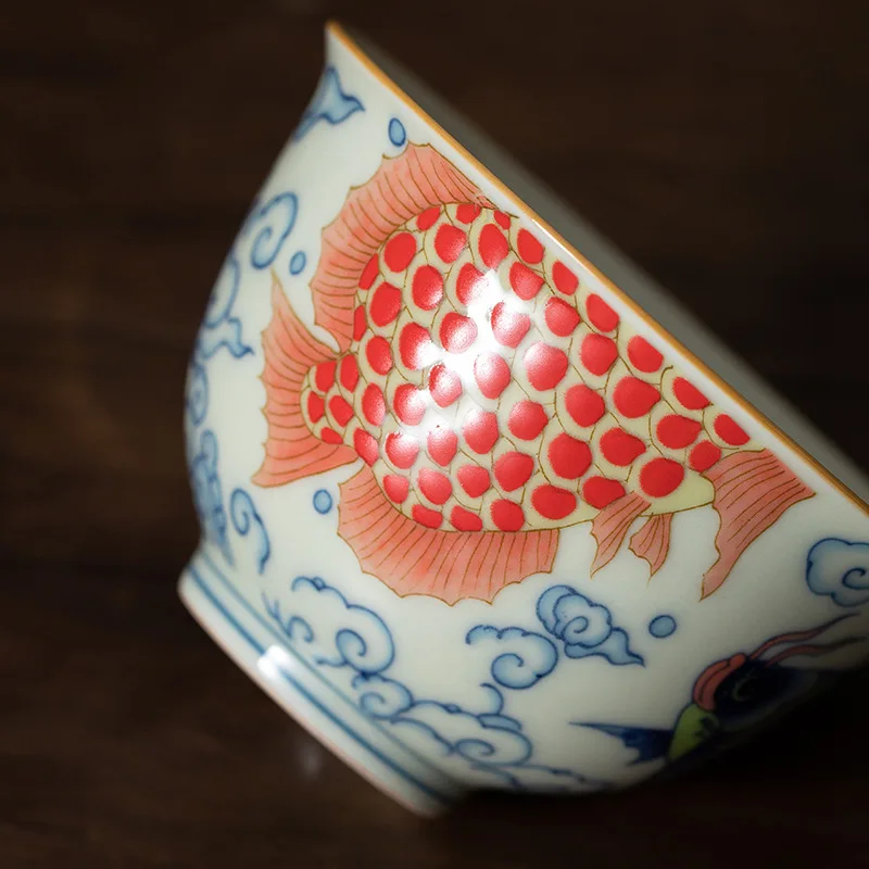 Blue White Dragon Fish Ceramic Tea Cup Chinese Style Personal Master Bowl Heat Resistant Gongfu Tea Ware Home Use