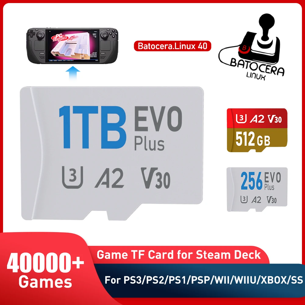 Game Card for Steam Deck with Batocera 40 Up to 40000 Retro Games for PS3/PS2/PS1/PSP/WII/WIIU/XBOX/SS Emulators Plug and Play