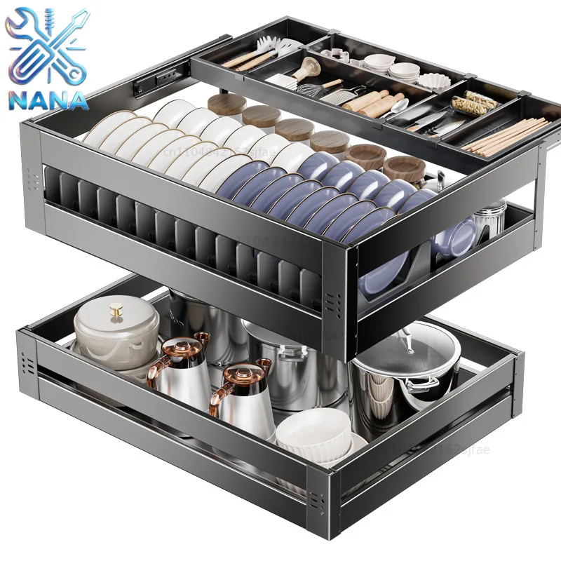 Kabei kitchen cabinet pull-out basket, seasoning basket, drawer-style stainless steel pot storage, built-in bowl basket, three-l