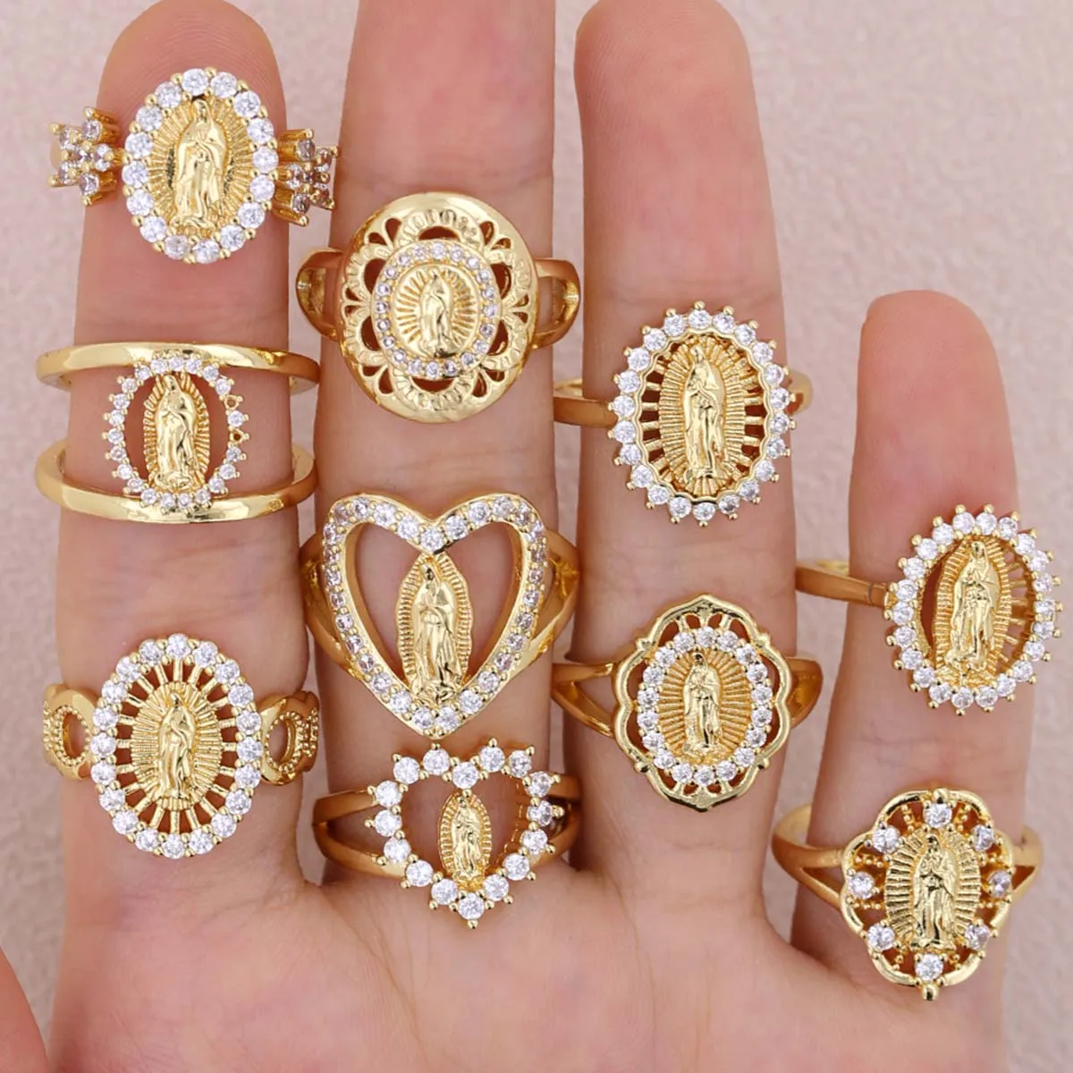 Classic Versatile Geometric Shape White Zircon Plated Gold Copper Virgin Mary Ring Women Daily Wearing Jewelry