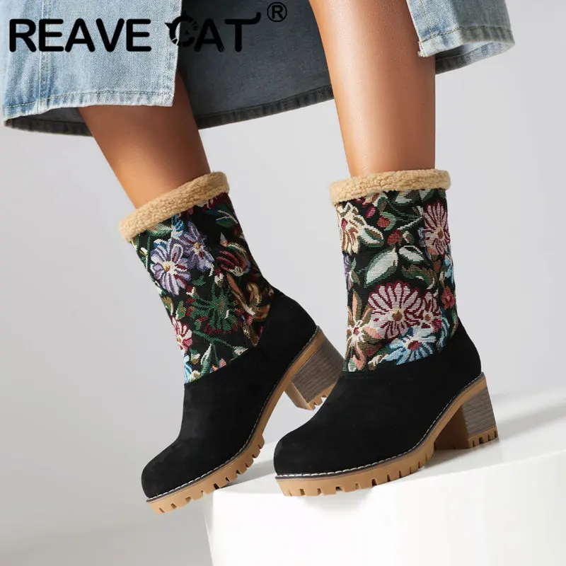 

REAVE CAT Women Winter Boots Flock Round Toe Block Heels 6cm Slip On Flower Warm Casual Daily Outdoor Snow Bota Large Size 44 45